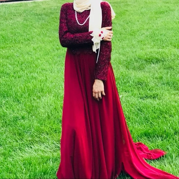Modest burgundy long sleeve maxi dress with lace top & train with zipper… - Picture 3 of 8